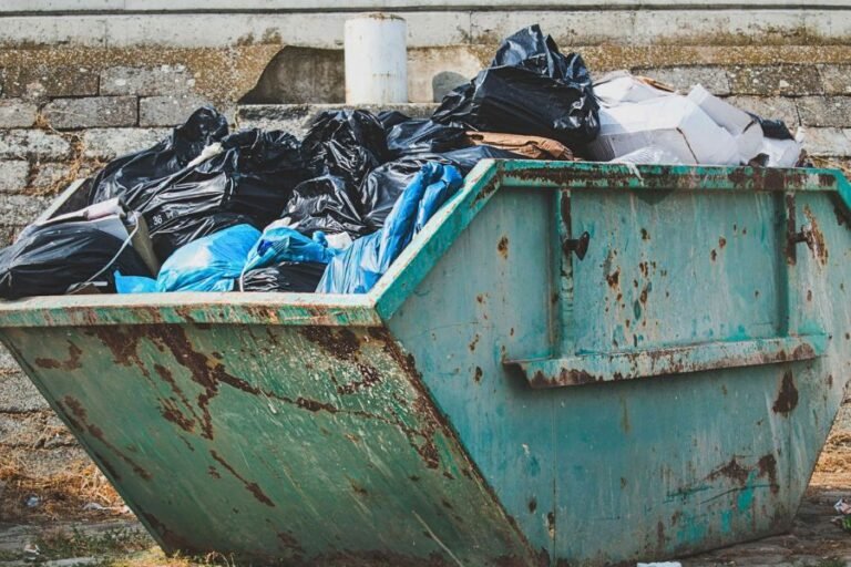 A blue skip bin